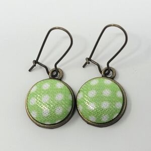 New Handmade | Green White Dot Upcycled Fabric Button Earwire Dangle Earrings
